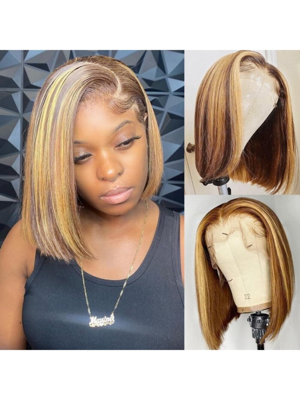 Short Straight Lace Front Bob Wig, 13x4 HD Lace, Ombre Highlight, 180% Density